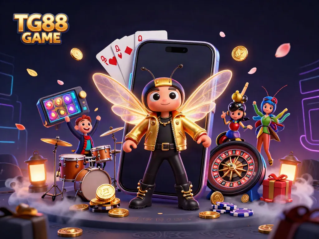Experience the excitement of TG88 GAME with a vibrant 3D casino scene featuring animated characters and dynamic gaming elements.