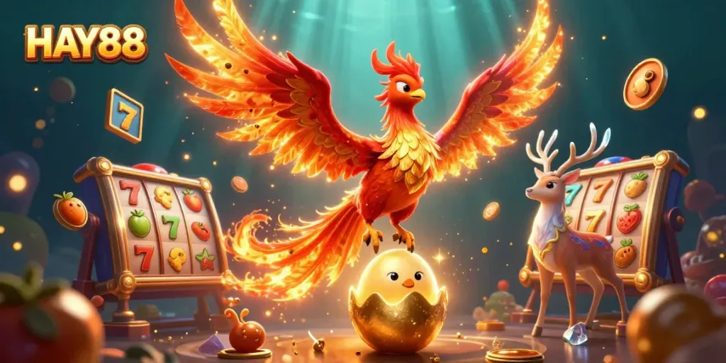 Engage with HAY88's vibrant casino universe, featuring a phoenix and thrilling slot game elements.