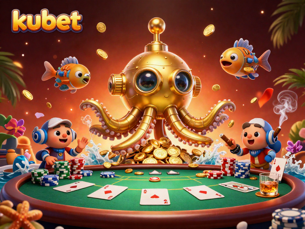 Experience kubet’s thrilling action with a golden kraken submarine amidst poker extravagance.