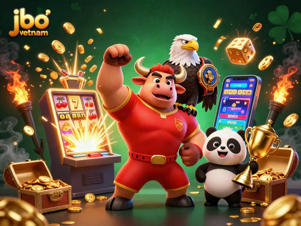 Engage with jbo vietnam's vibrant casino experience featuring 3D characters celebrating a jackpot.