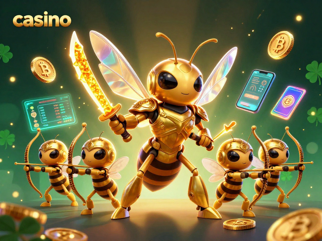 Engage with a vibrant casino scene featuring a giant golden hornet and crypto elements
