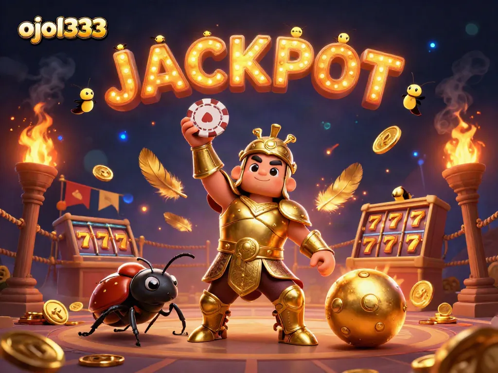 Engage with ojol333 as a victorious beetle lifts a poker chip amid a dynamic casino backdrop.