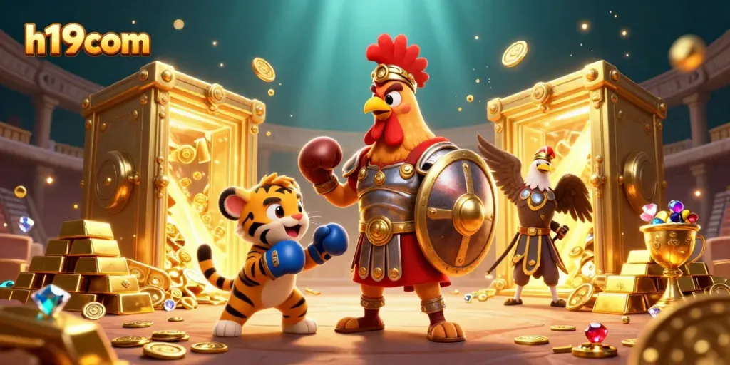 Experience excitement at h19com with a gladiator rooster, tiger cub, and treasure in a vibrant casino scene.