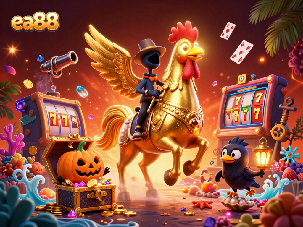 ea88 showcases a golden rooster character amidst vibrant casino elements, enhancing the gambling experience.