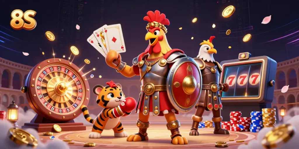 Experience thrilling gambling moments with 8S in a vibrant, action-packed casino scene.