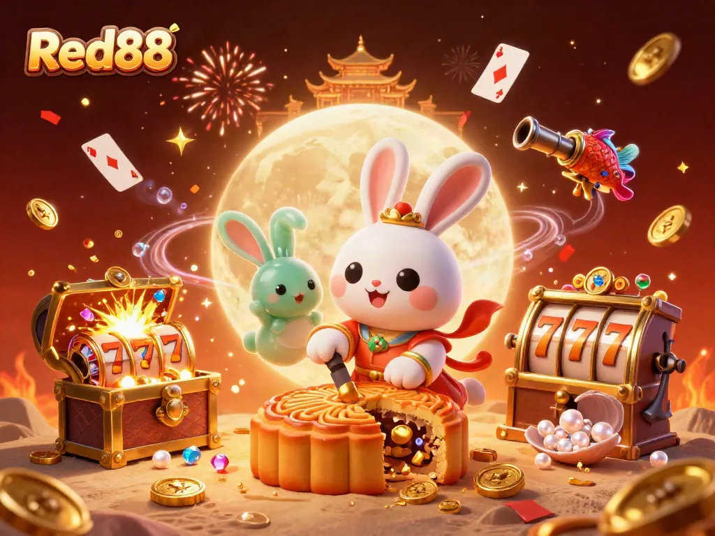 Join the celebration at Red88 with a whimsical illustration of a moon rabbit, poker chips, and exciting casino elements.
