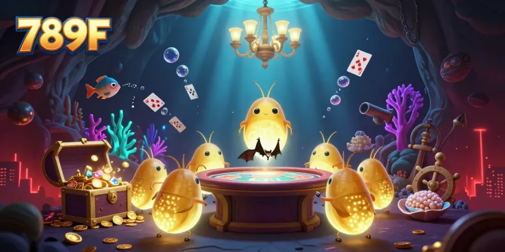 Engage with the vibrant 789F casino scene brought to life by glowworms and a bat dealer, highlighting online gaming excitement.