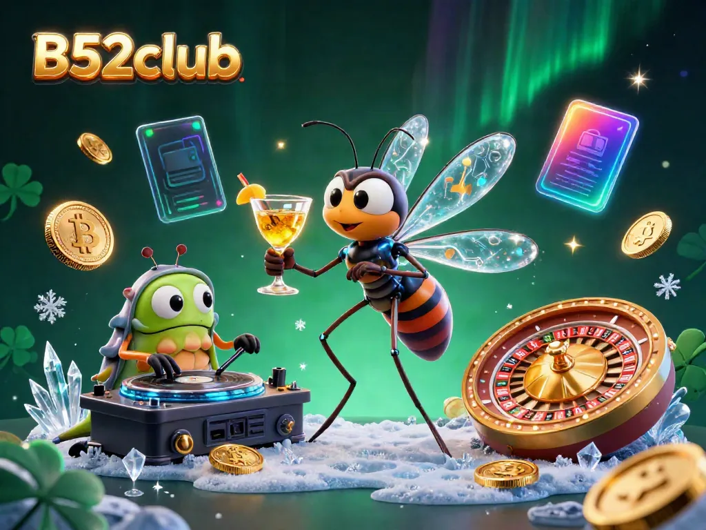Join the excitement at B52club with a vibrant, animated casino scene showcasing unique characters and crypto elements.