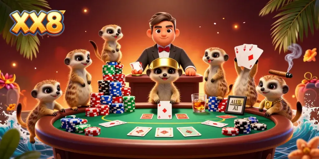 Meerkats managing a lively casino in a lavish 3D illustration featuring the XX8 logo.
