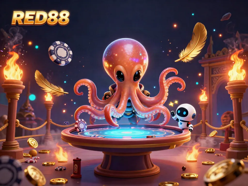 Experience the thrilling atmosphere of RED88 casino with a 3D alien octopus dealing poker amidst vibrant, dynamic elements.