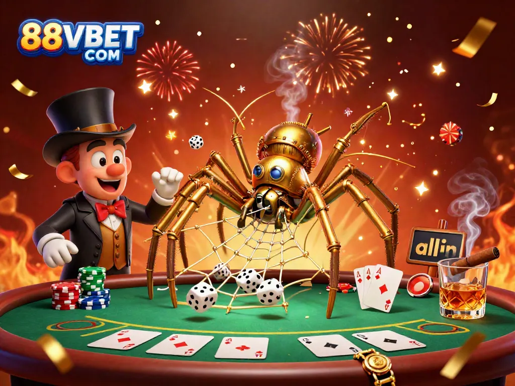 Immerse yourself in the captivating world of 88VBET COM, where a steampunk spider weaves a golden web of excitement amidst poker elements.