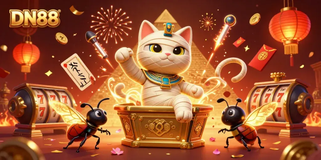 Experience the thrill of DN88 with a mummy cat, scarab beetle, and floating casino elements in a pyramid setting.