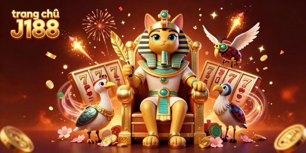 Engage with the vibrant world of gaming at trang chủ J188 featuring cartoon characters, slot reels, and festive elements.