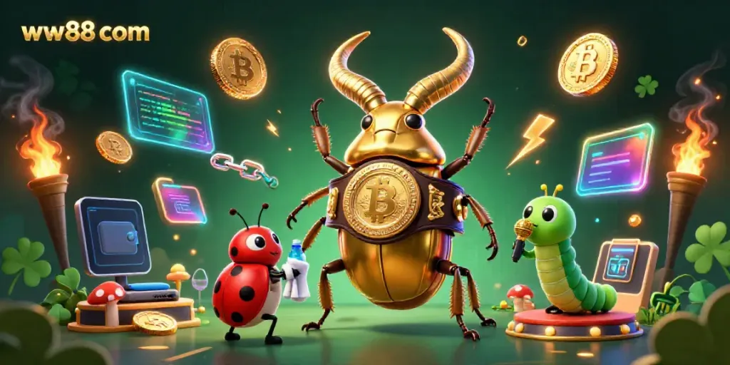 Engage in thrilling gameplay with ww88 com, illustrated by a golden stag beetle boxing champion with vibrant casino elements.