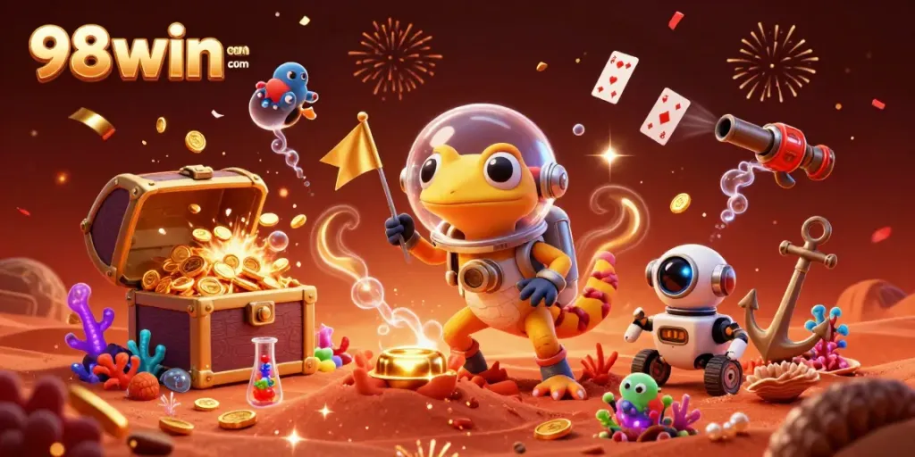 Experience the excitement at 98win com as a Martian gecko discovers a golden casino filled with treasures.