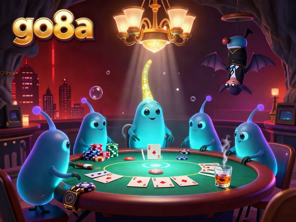 Experience the thrill of go8a with a vibrant cave casino illuminated by glowworms, poker chips, and a bat dealer.