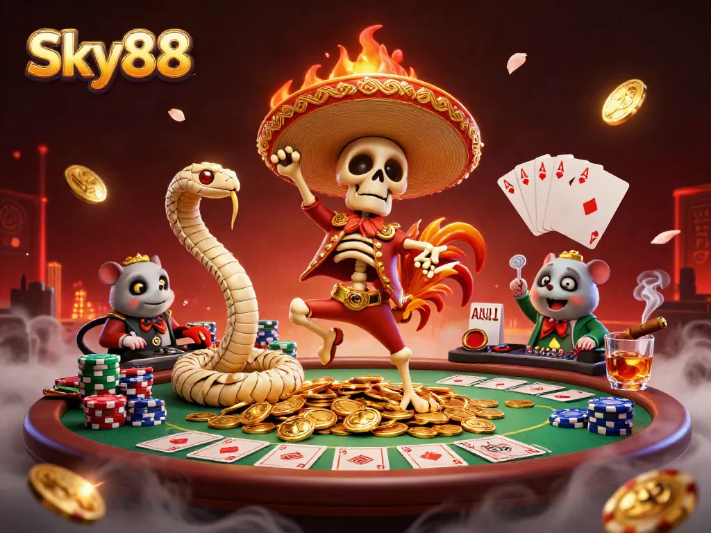 Sky88 celebrates with a 3D cartoon mariachi rooster dancing on golden coins, surrounded by poker elements and festive atmosphere.