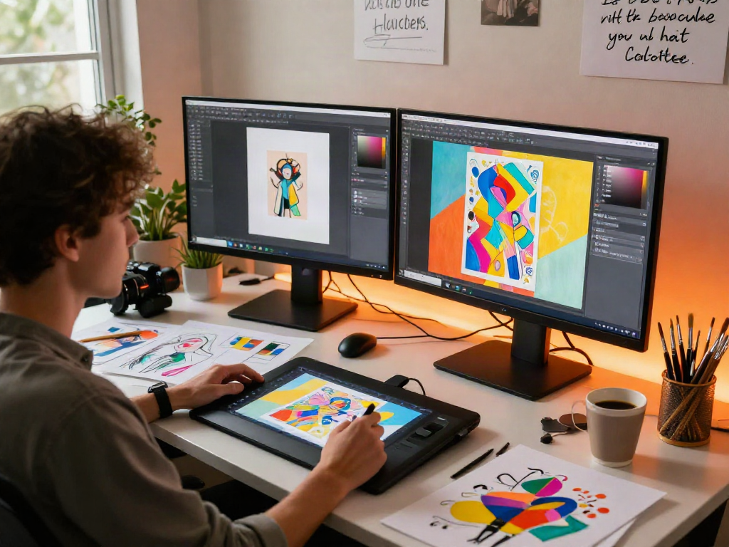 Creating innovative digital art using nsfw ai tools in a colorful studio.