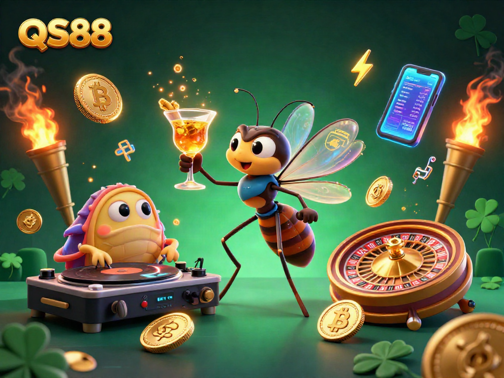 Engage with QS88 casino action featuring a dynamic scene of playful mascots and crypto elements.