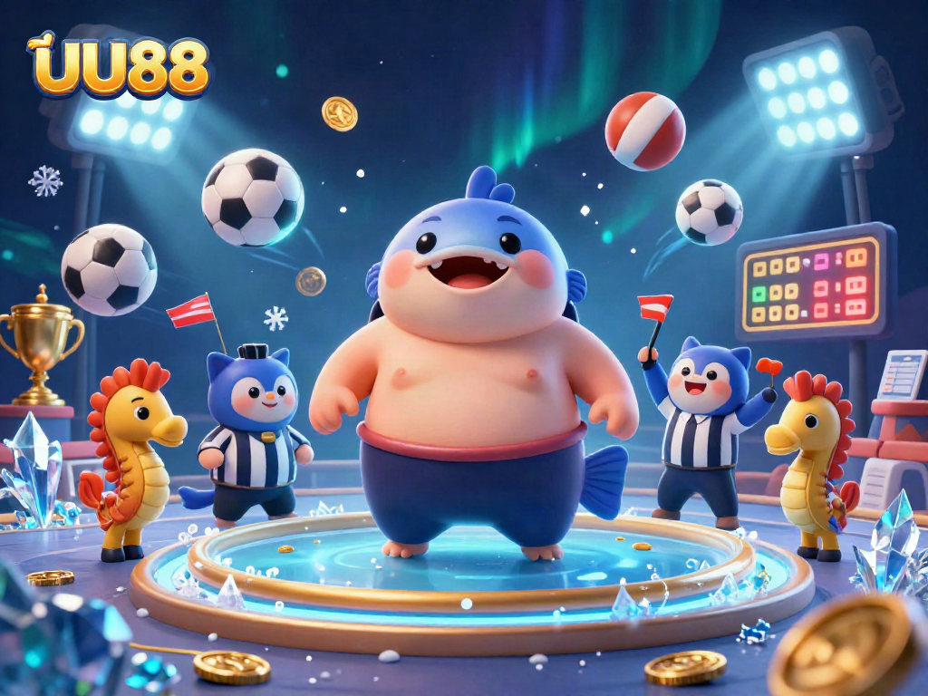 UU88 action in a vibrant 3D underwater casino scene with fugu, catfish, and sports elements.