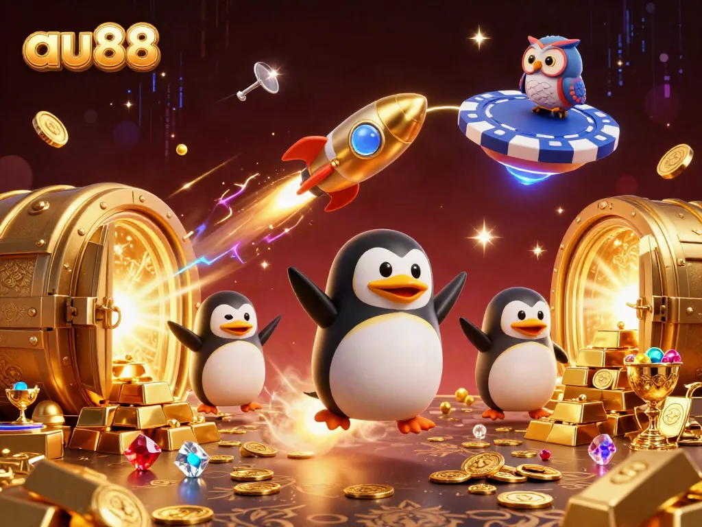 Experience exhilaration with au88 as a golden penguin zooms towards a vibrant casino-themed universe.
