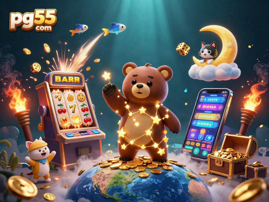 Spin jackpots with pg55 com! This vibrant illustration features a constellation bear surrounded by exciting casino elements.