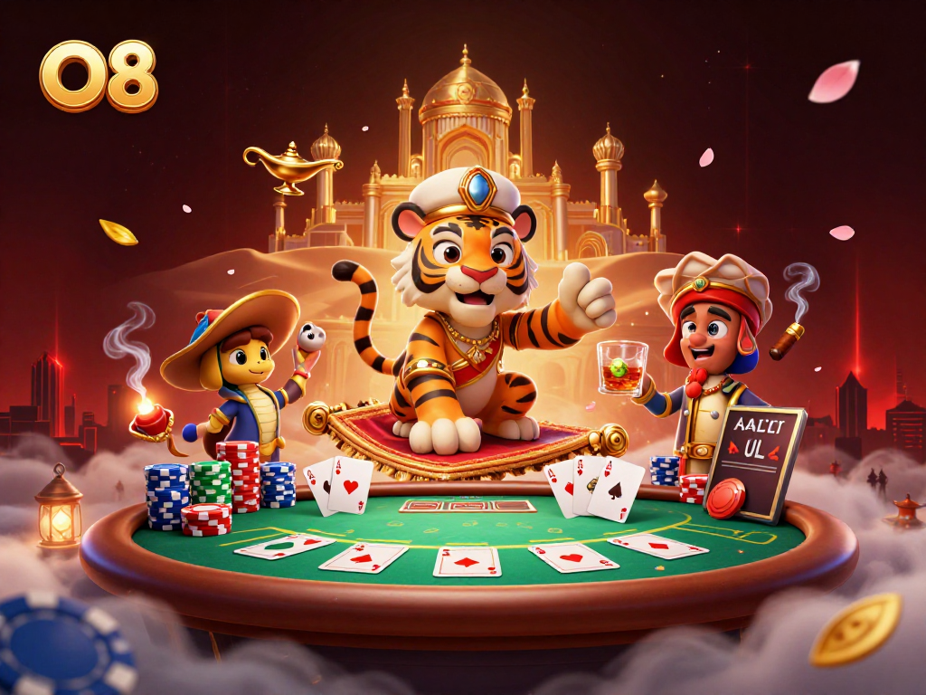 Experience O8's thrilling casino atmosphere with a majestic sultan, poker elements, and golden ambiance.