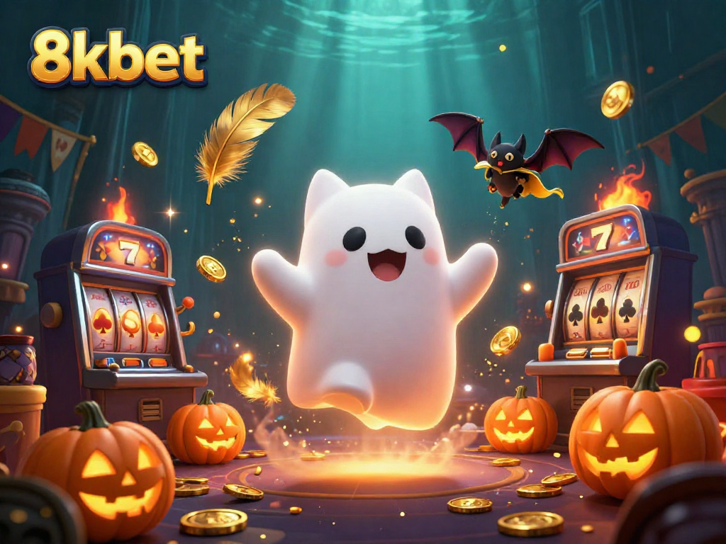 Experience the thrill of 8kbet Casino with a playful ghost cat and vibrant gaming imagery.