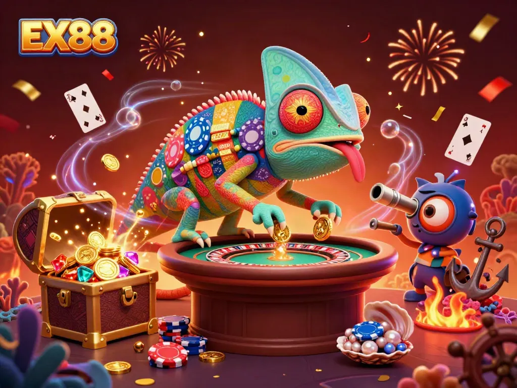 Experience thrilling casino action with EX88 illustrated through vibrant 3D chameleon and treasure elements.