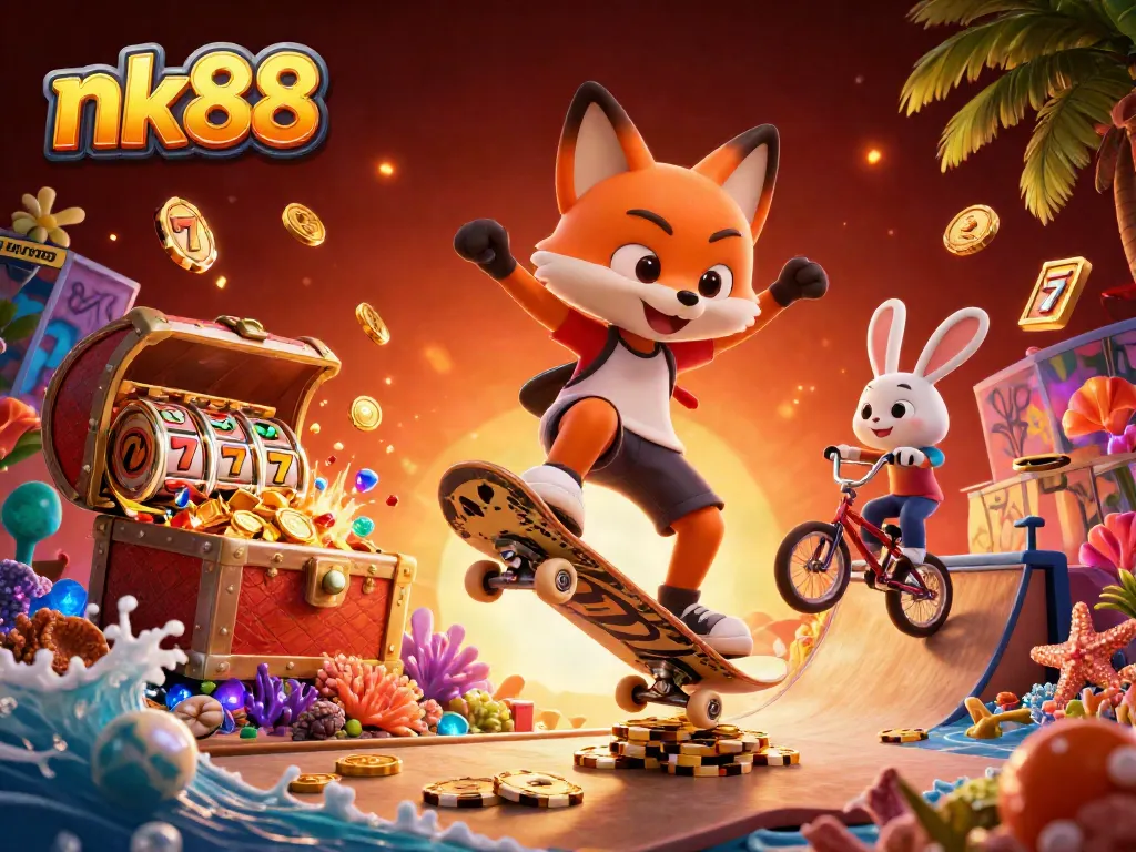 Engage with nk88's enriching gaming experience, featuring vibrant casino elements in a lively 3D scene.