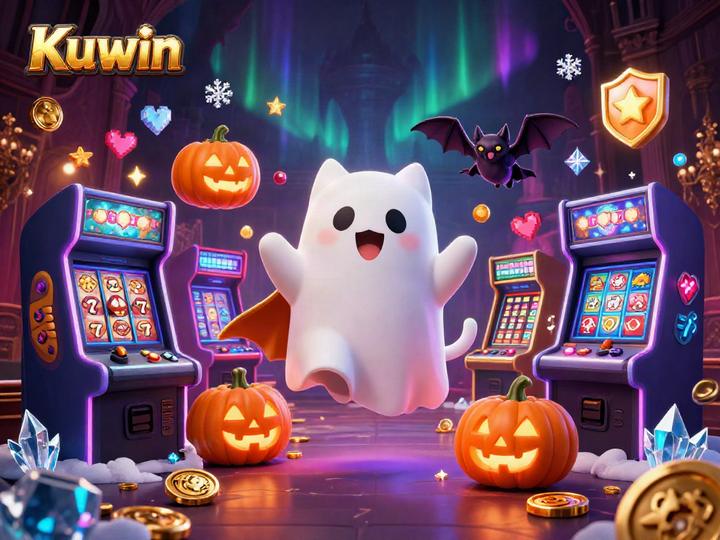 Kuwin offers an enchanting haunted casino scene featuring a ghost cat and vampire bat among glowing slot machines.