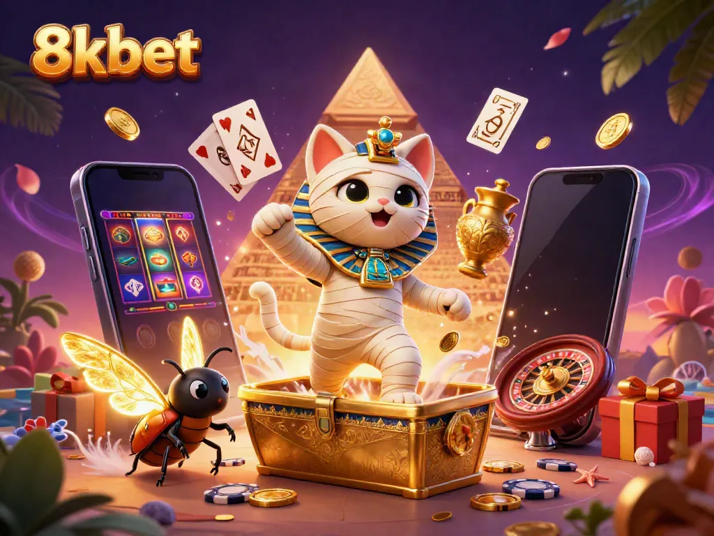 Experience the thrill of 8xbet with a vibrant 3D scene of casino elements and characters.