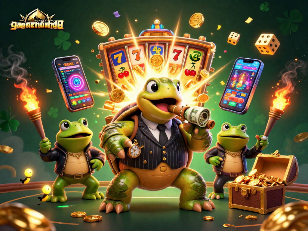 Join the action at gamenohudoithuong with a jackpot explosion scene featuring a cartoon turtle and bullfrogs.