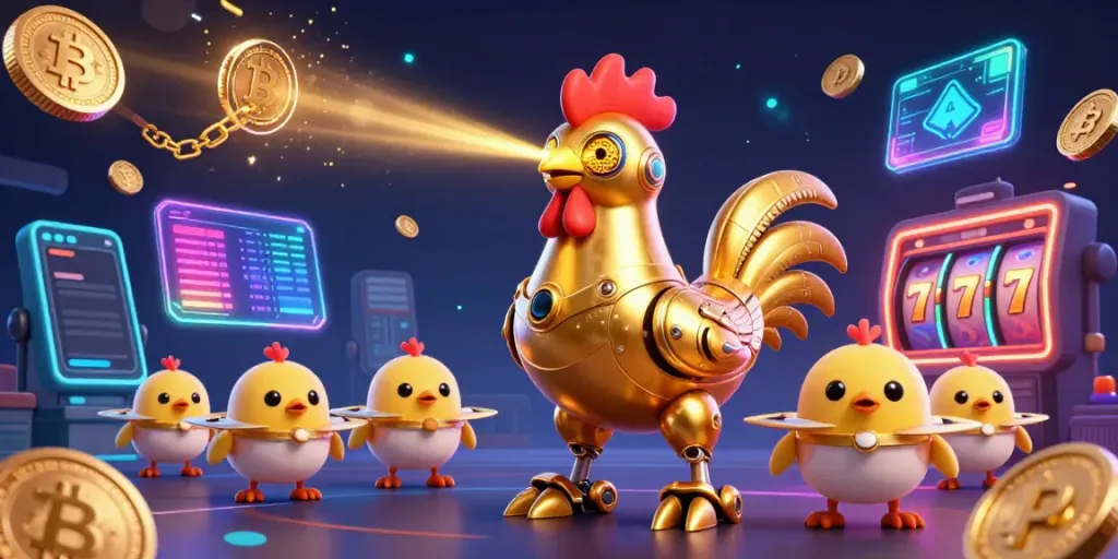Engage with dynamic gaming at hitclubb, featuring the golden rooster robot and vibrant slot reels.
