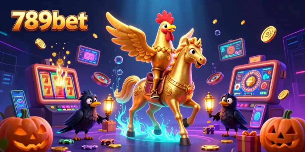 Engage with the thrilling world of 789bet as a golden rooster rides a spectral horse in a vibrant casino.