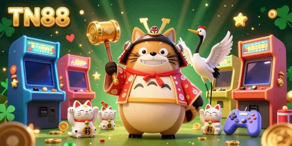 Enjoying games with TN88, colorful elements and characters create a vibrant casino atmosphere.