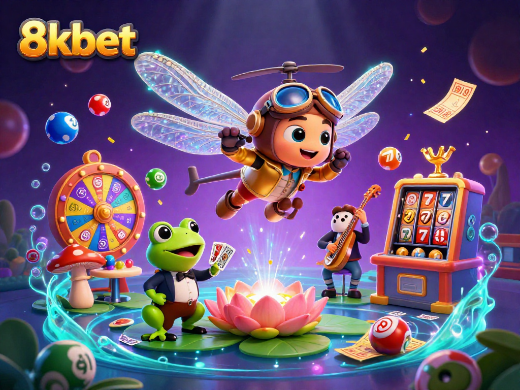 Experience thrilling gaming at 8kbet casino with vibrant characters, colorful elements, and lively casino action.