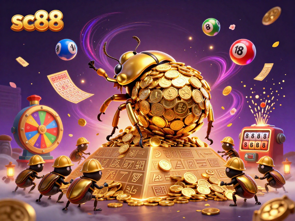 sc88 features golden beetles and lottery elements in an engaging 3D casino scene