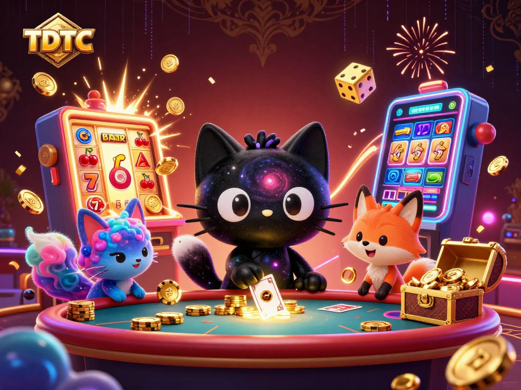 Engage with TDTC at the cosmic casino, featuring a black hole cat and nebula fox amidst vibrant gaming elements.