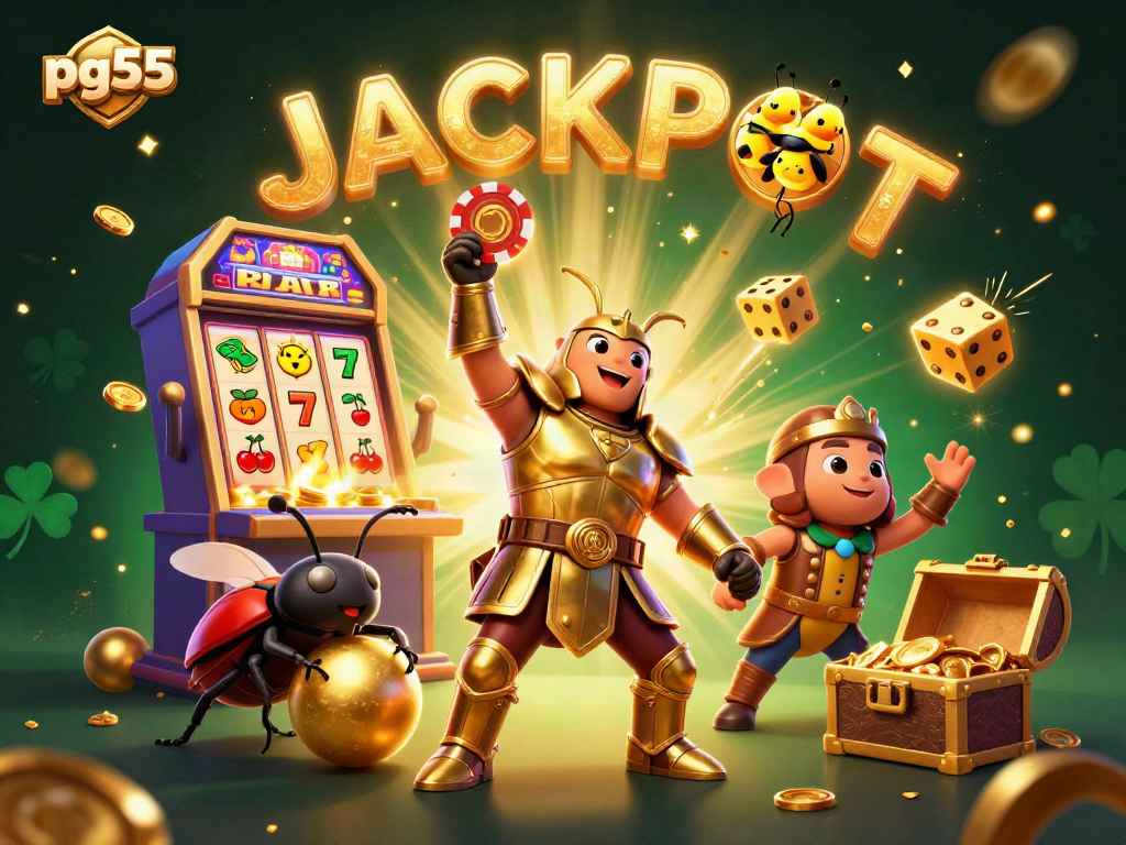 Experience pg55 casino excitement with vibrant characters and slot machine jackpot visual.