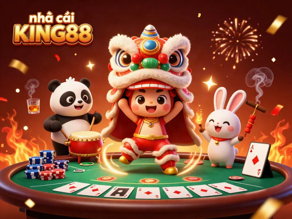 Engage with nhà cái KING88 as a vibrant lion dance unfolds around poker elements and festive decorations.