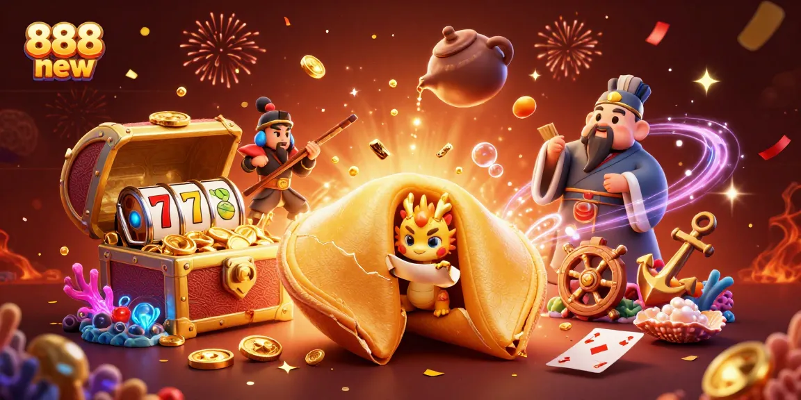 Play slots like a pro with a vibrant scene showcasing a giant fortune cookie, a wise dragon, and golden treasures, 888 new.