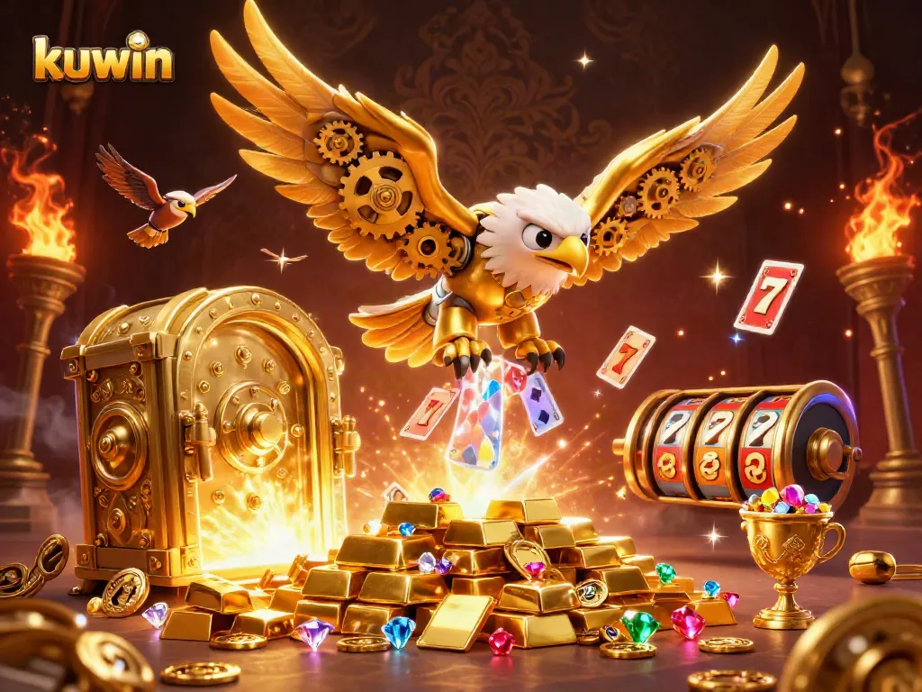 Kuwin players enjoy thrilling gameplay with a cybernetic eagle amidst a cascade of playing cards and gold treasures.