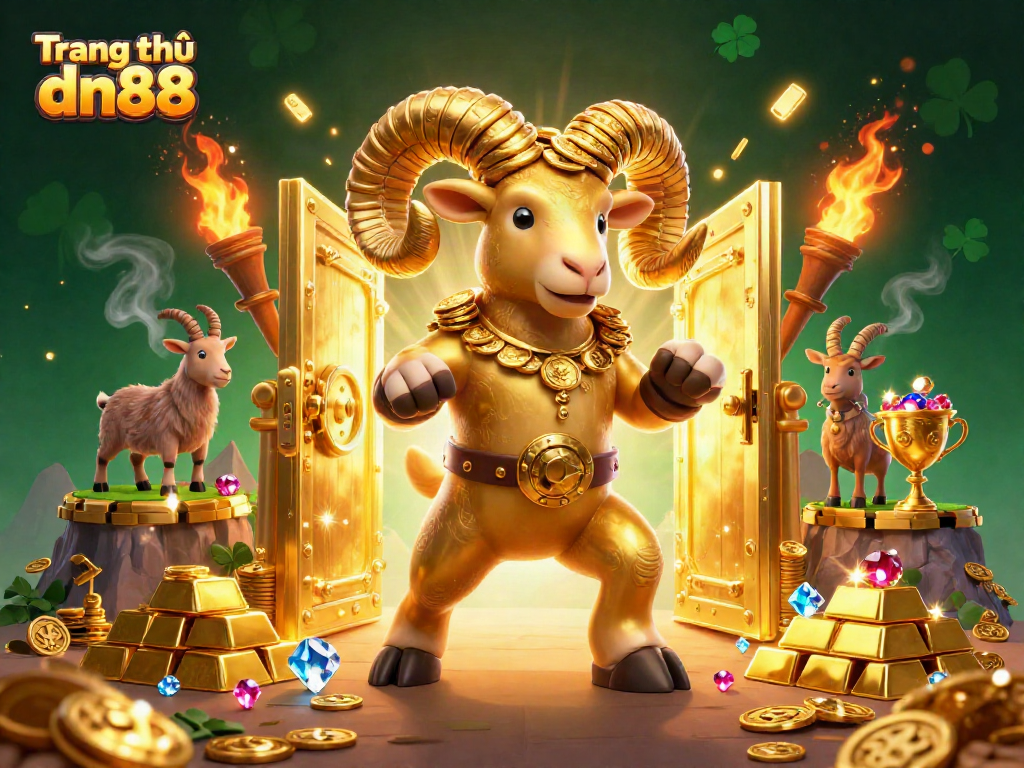 Engage with Trang chủ dn88's 3D illustration of a golden ram charging through a treasure-filled gate.