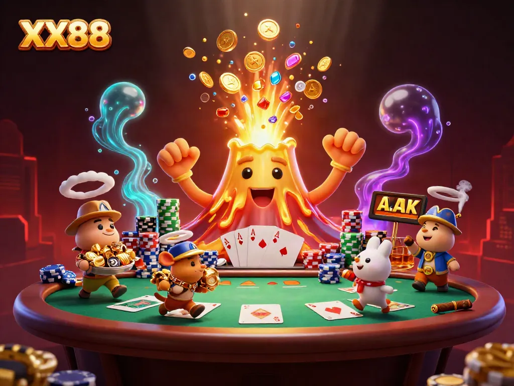 Dynamic scene of XX88's golden volcano erupting treasures, surrounded by exciting gambling elements.