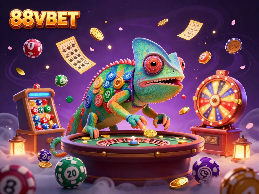Experience the thrilling world of 88VBET with an engaging 3D chameleon casino owner amidst vibrant gambling elements.