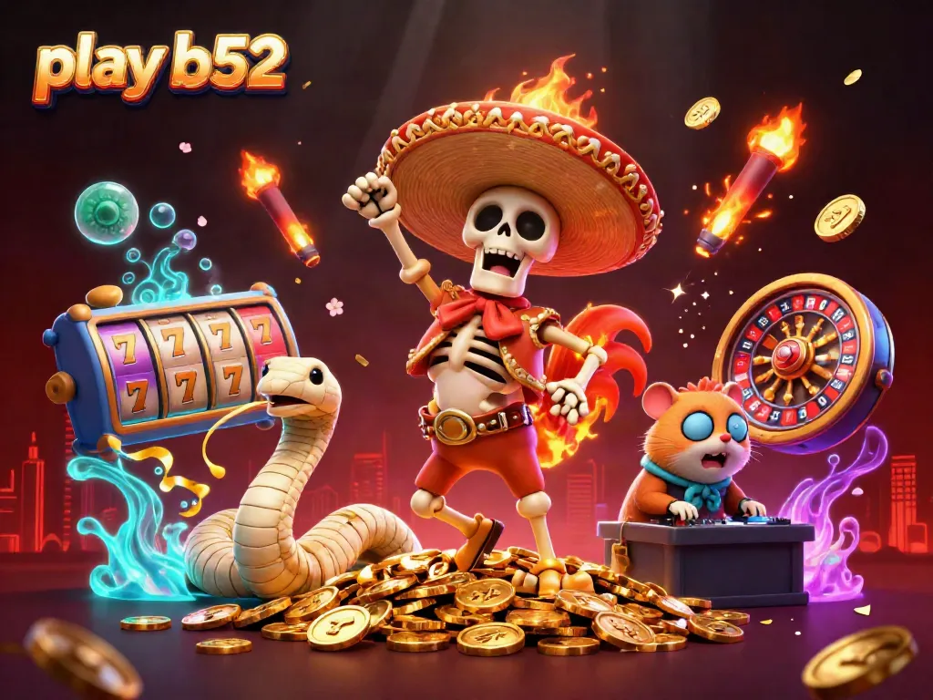 Join the fun to play b52 with vibrant casino characters amid a lively 3D illustration.