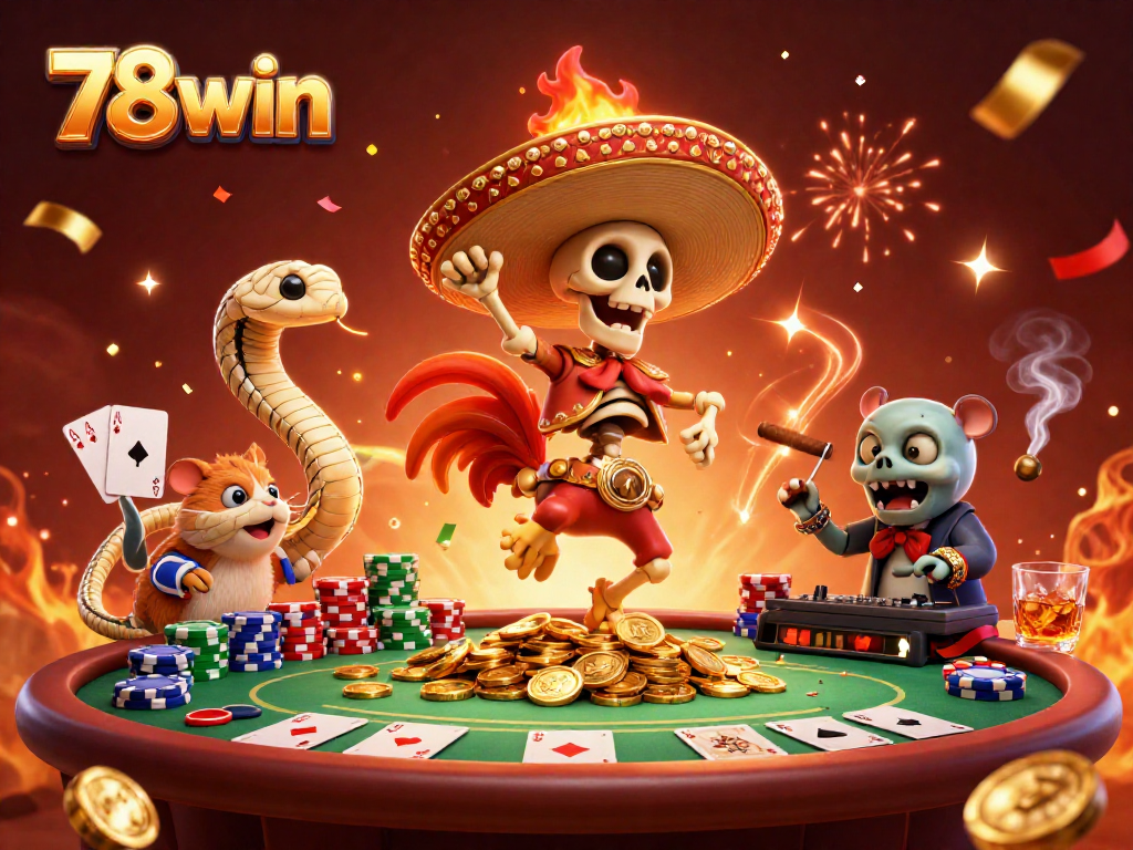 Engage with 78win through a vibrant poker-themed victory dance illustration featuring unique characters.