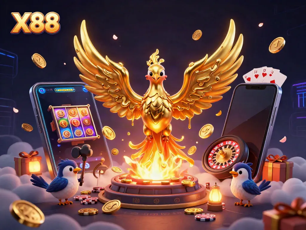 Experience thrilling wins with the X88 golden phoenix emerging from a vibrant gaming world.