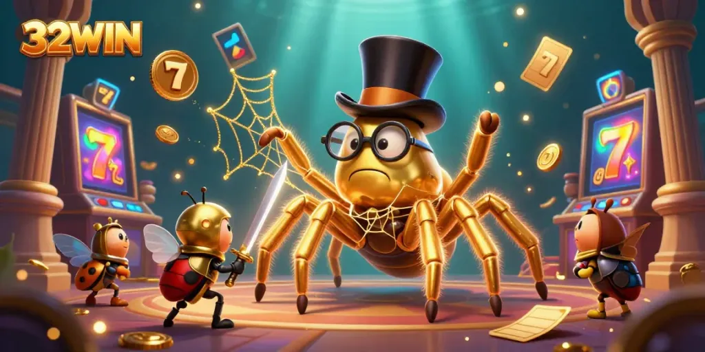 Experience the thrill of 32WIN with a dynamic casino scene featuring a golden tarantula and beetle knight.